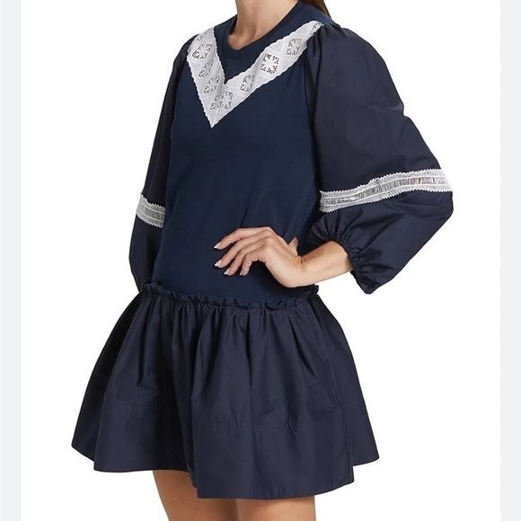 Tanya Taylor Kristie Mini Dress in Navy Blue and White Lace Poplin Sz M NEW - Picture 2 of 16